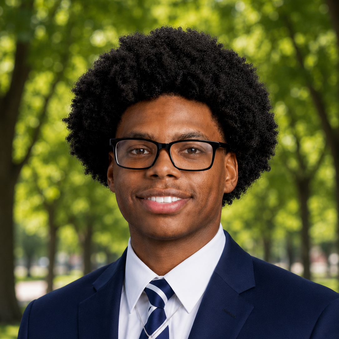 Professional headshot of Kaiden in a navy suit and striped tie, wearing black rectangular glasses, with a blurred green park background.