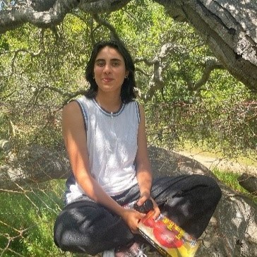 Photo of Dhalia Krishnan sitting in a tree and holding a book